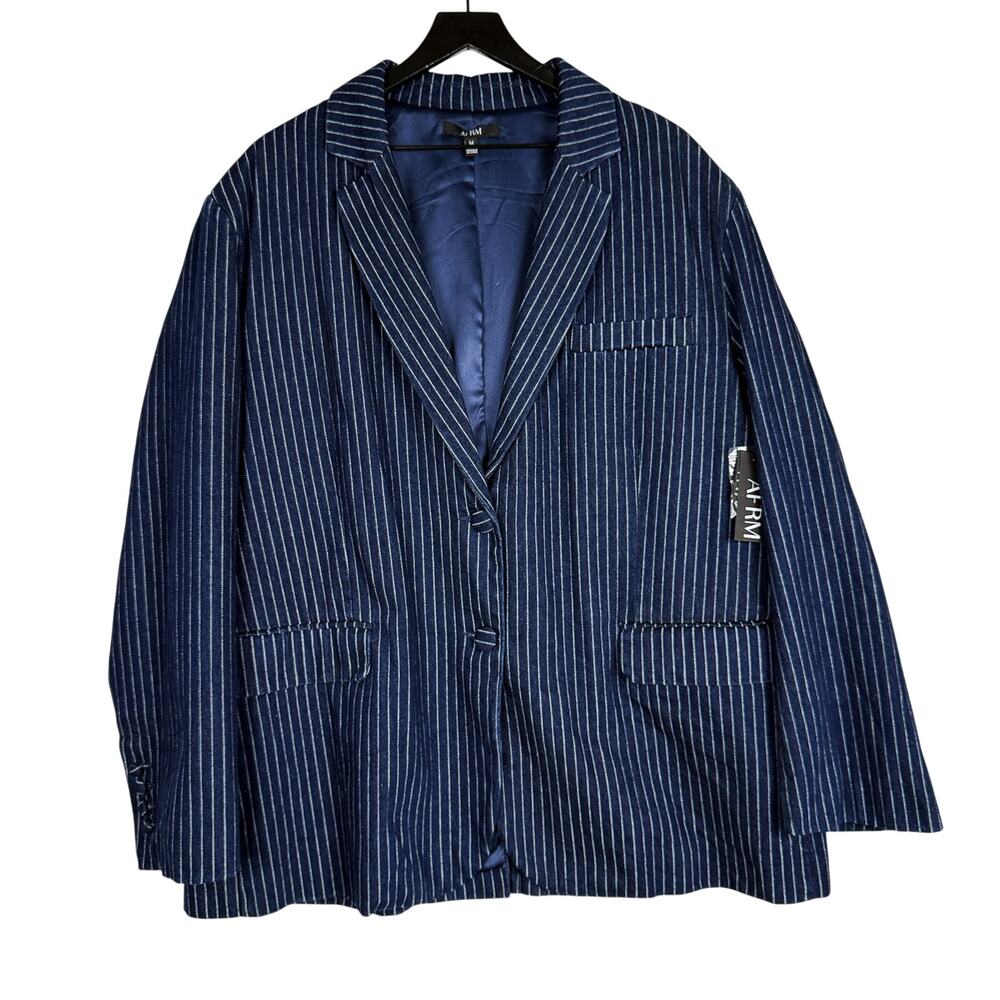 New AFRM Joette Oversized Cotton Blend Blazer Blue Stripe - M